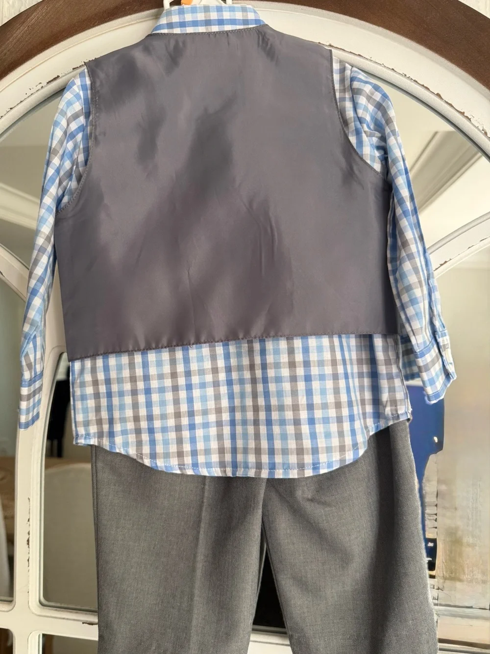 Nautica Boys Gray Vest & Pants with Blue Plaid Shirt and Navy Polka Dot Tie